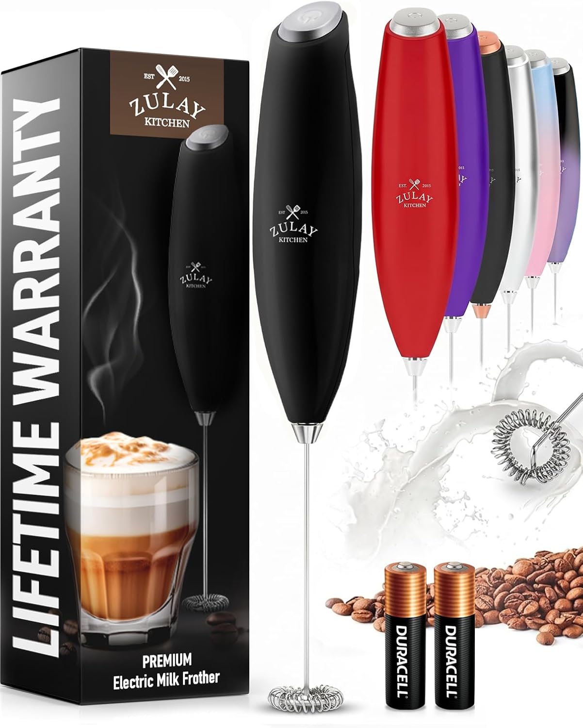 Milk Frother Handheld Electric Whisk – Frother Wand with 2 Duracell Batteries, Durable Drink Mixer, Coffee Frother