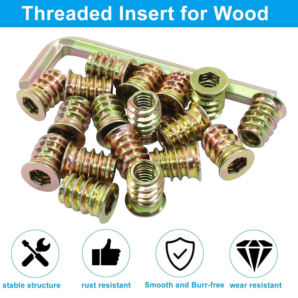 50 Pcs Threaded Inserts for Wood, 1/4"-20 x 15mm