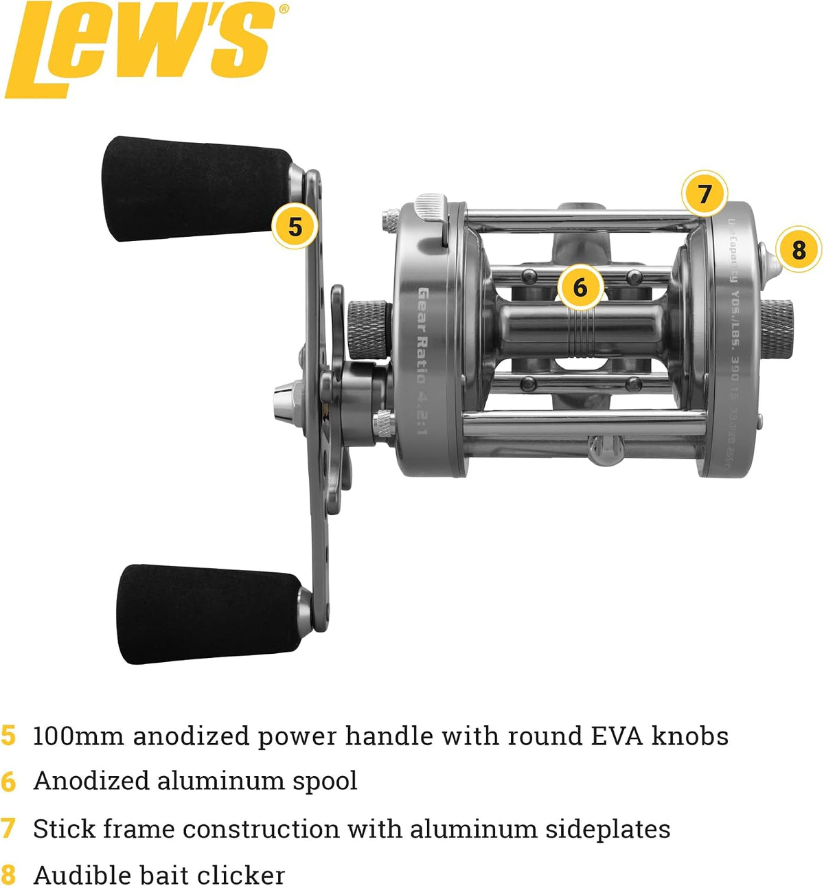 Laser XL Baitcast Fishing Reel, Right-Hand Retrieve, 4.2:1 Gear Ratio, 4 Bearing System