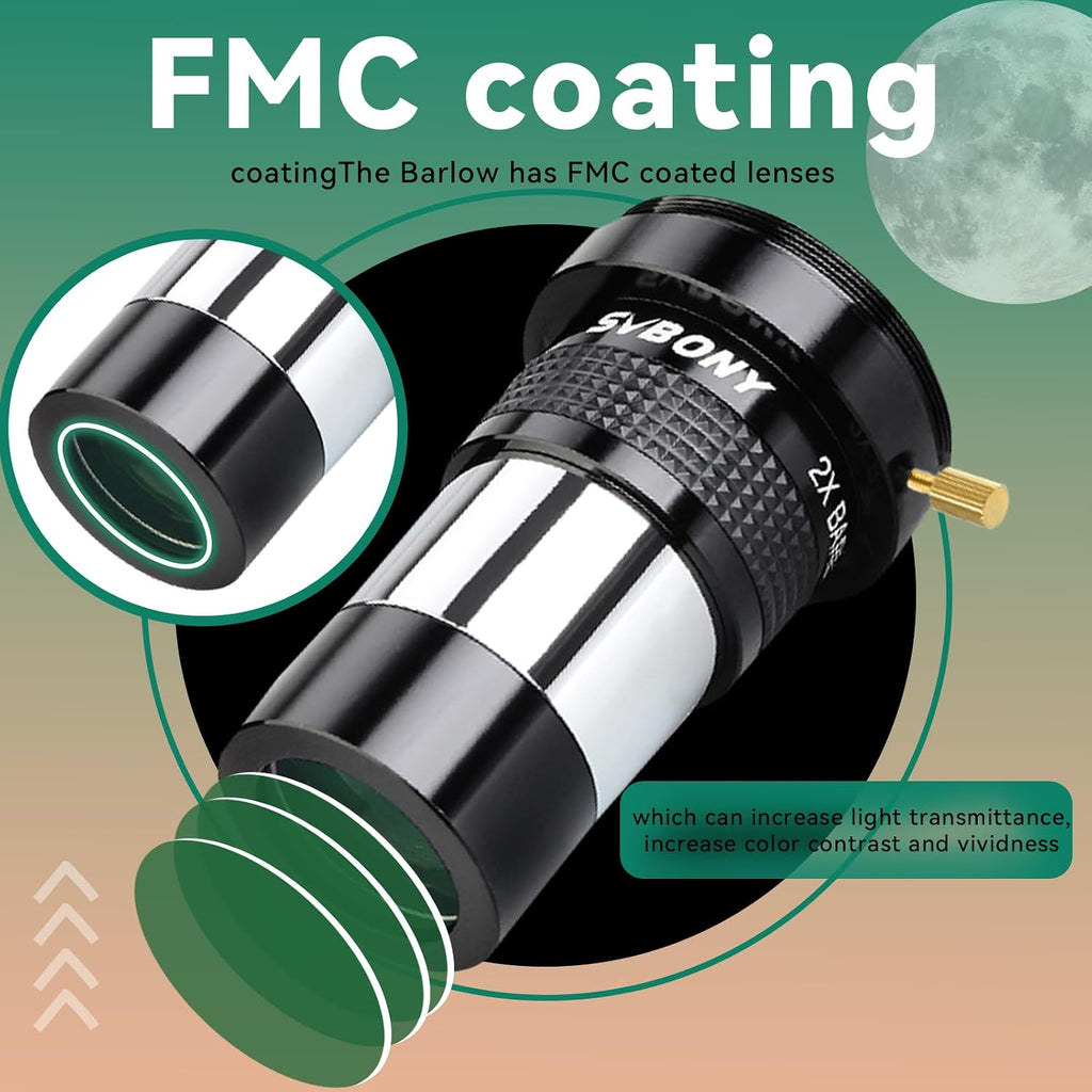 SV137 Barlow Lens, 1.25” 2X FMC Barlow Lens for Telescope Brass Ring | for Telescope Eyepiece, Male T-Thread