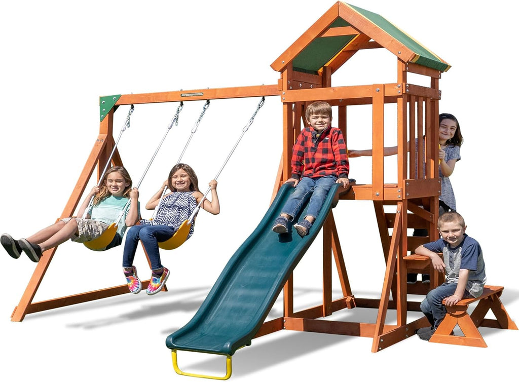 Scottsdale Cedar Wood Swing Set: 2 Adjustable Swings, Sandbox, Rock Climber, Covered Deck, 1 Slide - Exceeds ASTM