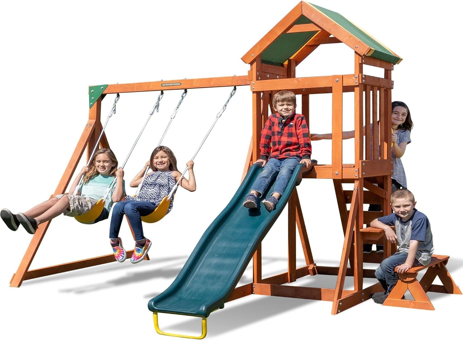 Scottsdale Cedar Wood Swing Set: 2 Adjustable Swings, Sandbox, Rock Climber, Covered Deck, 1 Slide - Exceeds ASTM