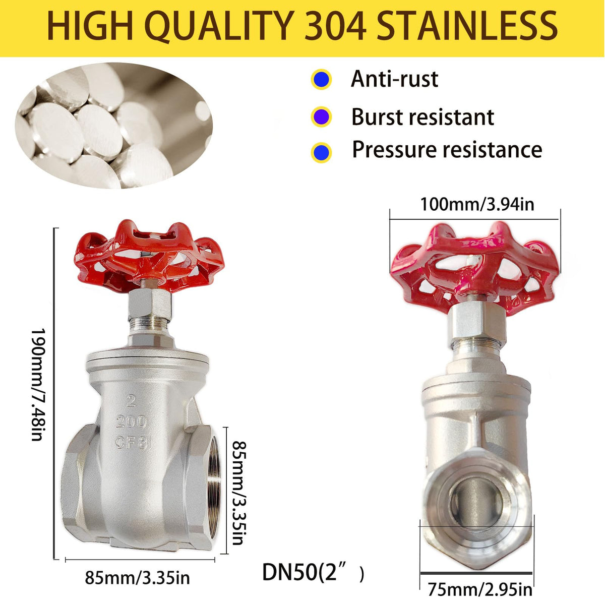 MYWERO 2" NPT 304 Stainless Steel Gate Valve DN50