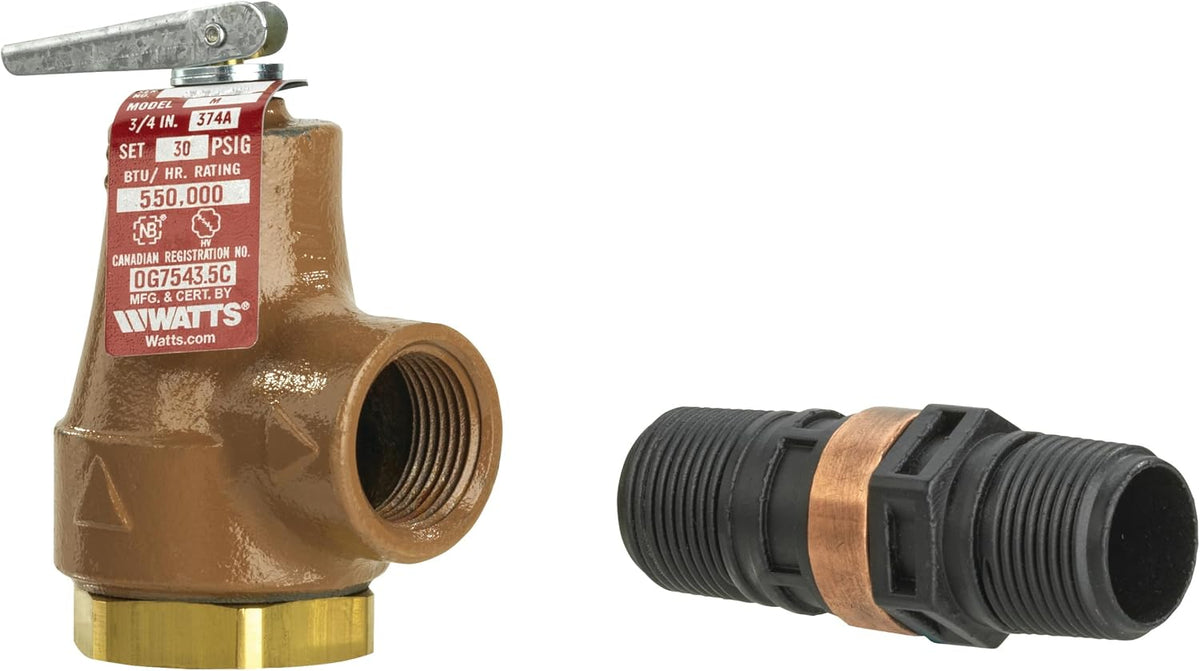 Watts 374A Boiler Pressure Relief Valve 3/4 In 30 psi Flood Sensor