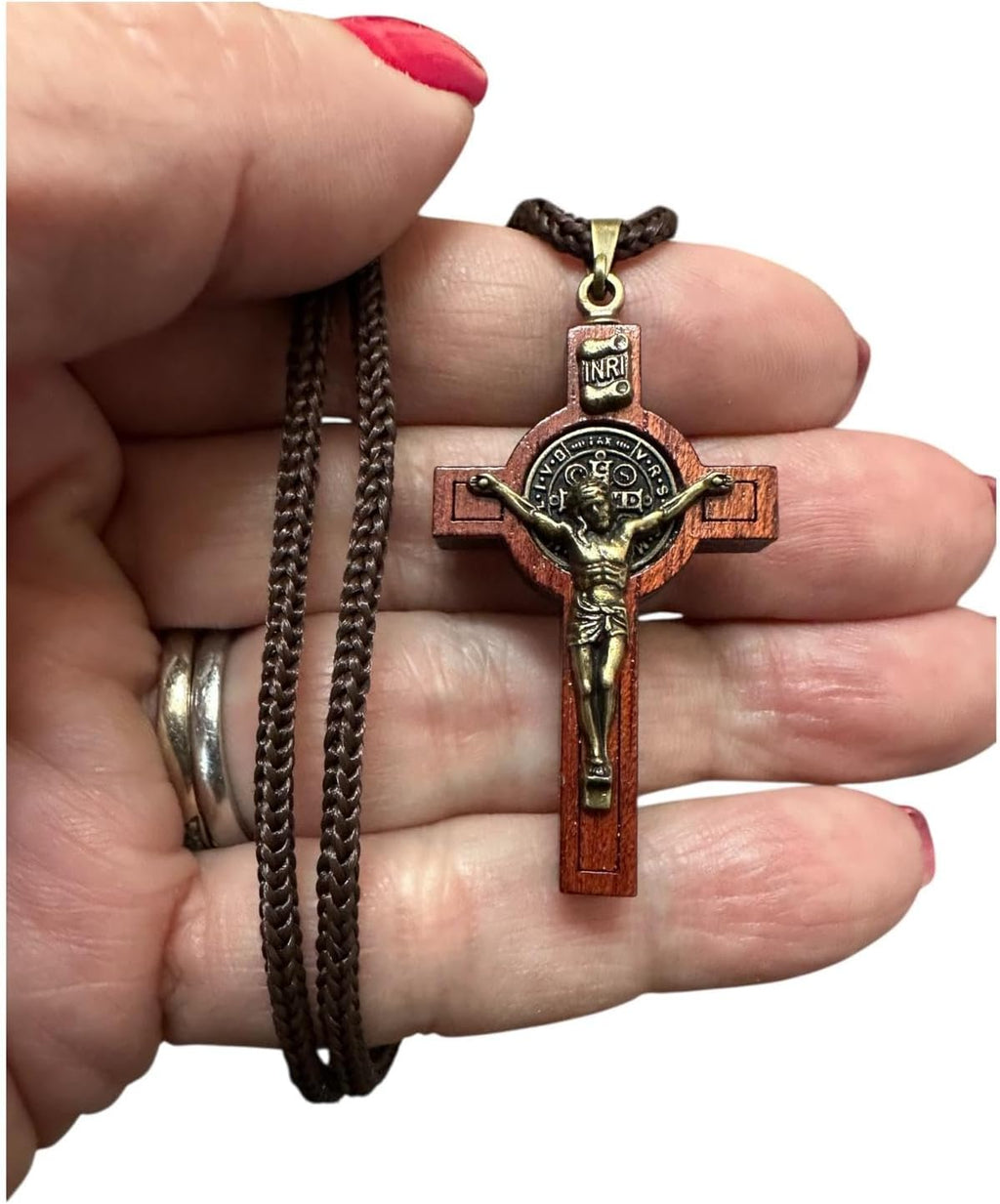 Saint Benedict Medal Wood Crucifix Cord Necklace for Men & Women – Handcrafted Religious Pendant, Healing, Travel