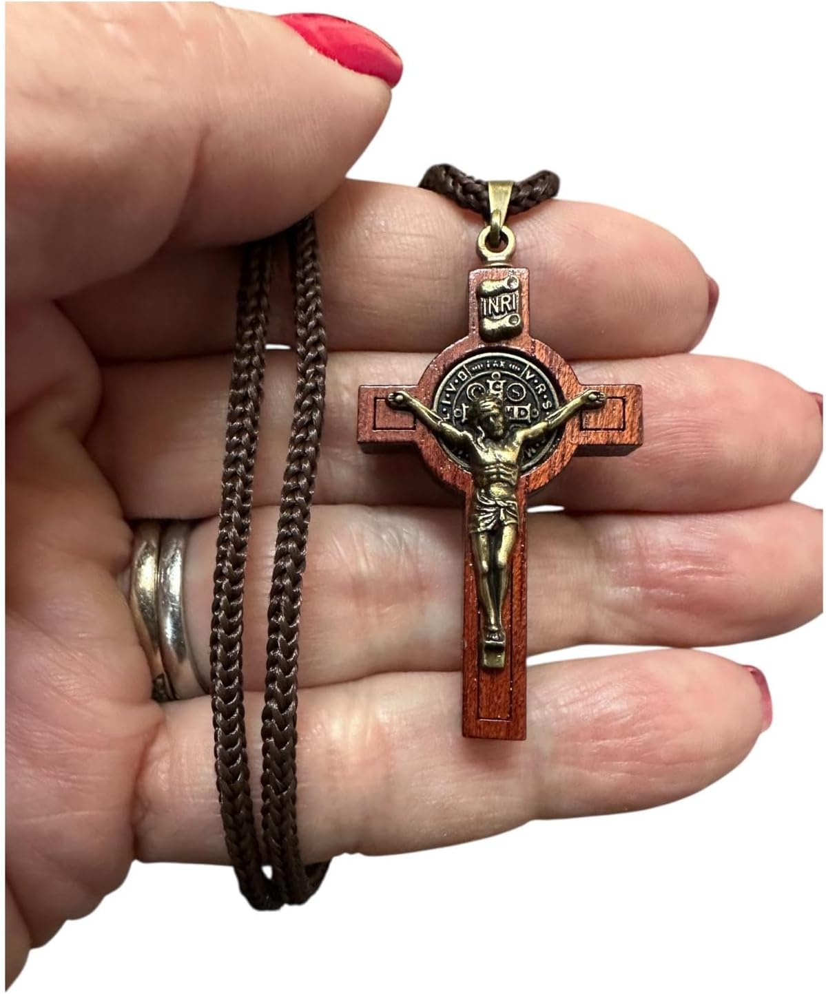 Saint Benedict Medal Wood Crucifix Cord Necklace for Men & Women – Handcrafted Religious Pendant, Healing, Travel