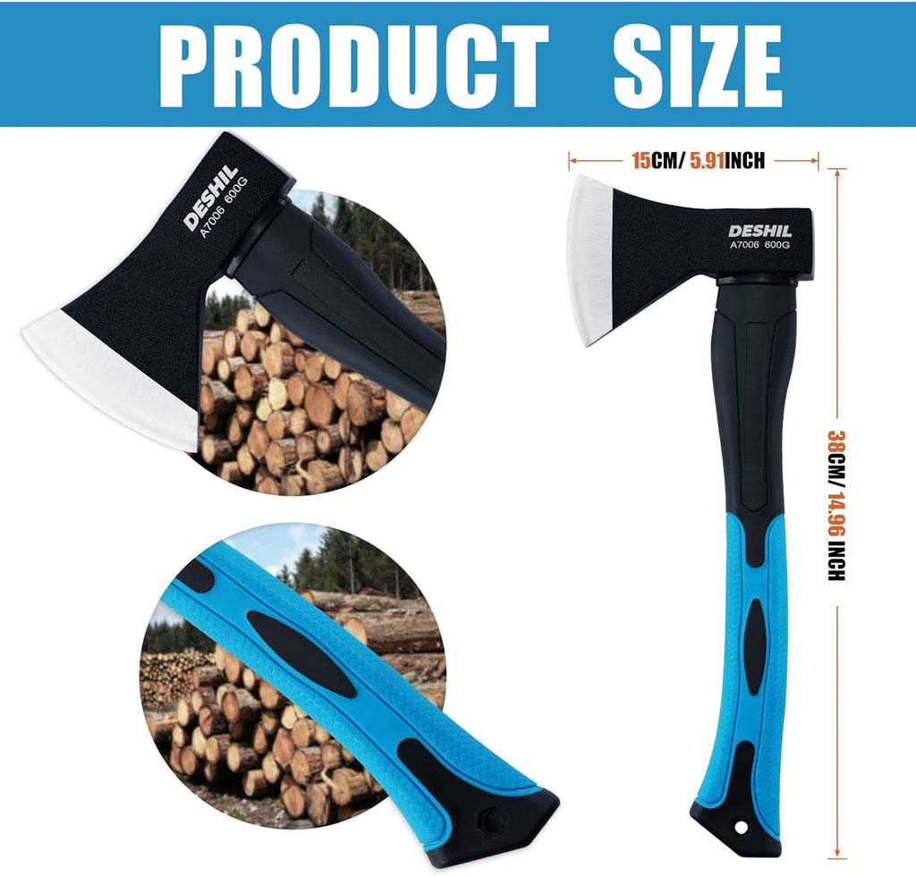 15 inch Chopping Hatchet Axe for Camping Splitting & Kindling | Shock-reducing Fiberglass Handle, Outdoor Camp
