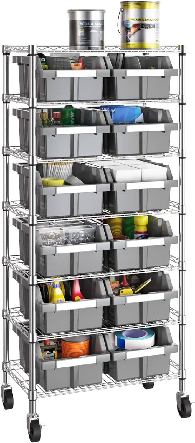 7-Tier NSF 12-Bin Steel Wire Shelving Rack, 25"W x 14"D x 56"H, Gray