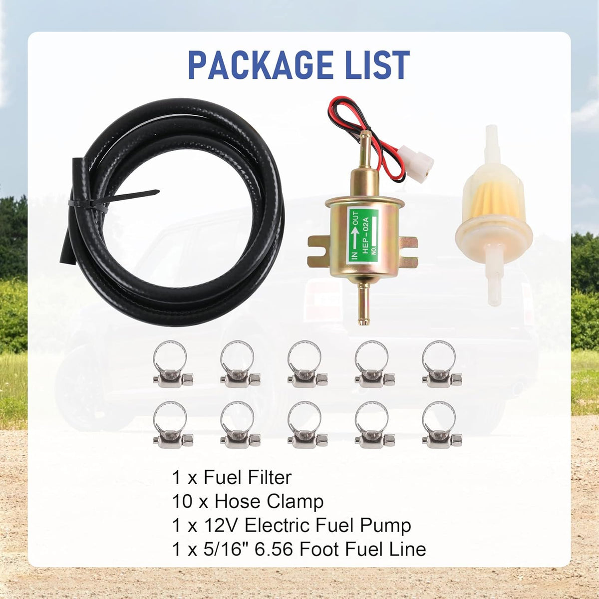 Universal Electric Fuel Pump Kit 12v 3-6 PSI Low Pressure with Fuel Filters 10 Hose Clamps 6.56 FT 5/16" ID Fuel Line