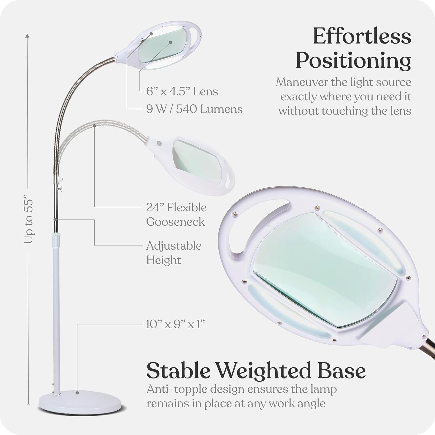 LightView Pro Magnifying Glass with Light and Stand, Magnifying Floor Lamp with Sturdy Weighted Base for Facials