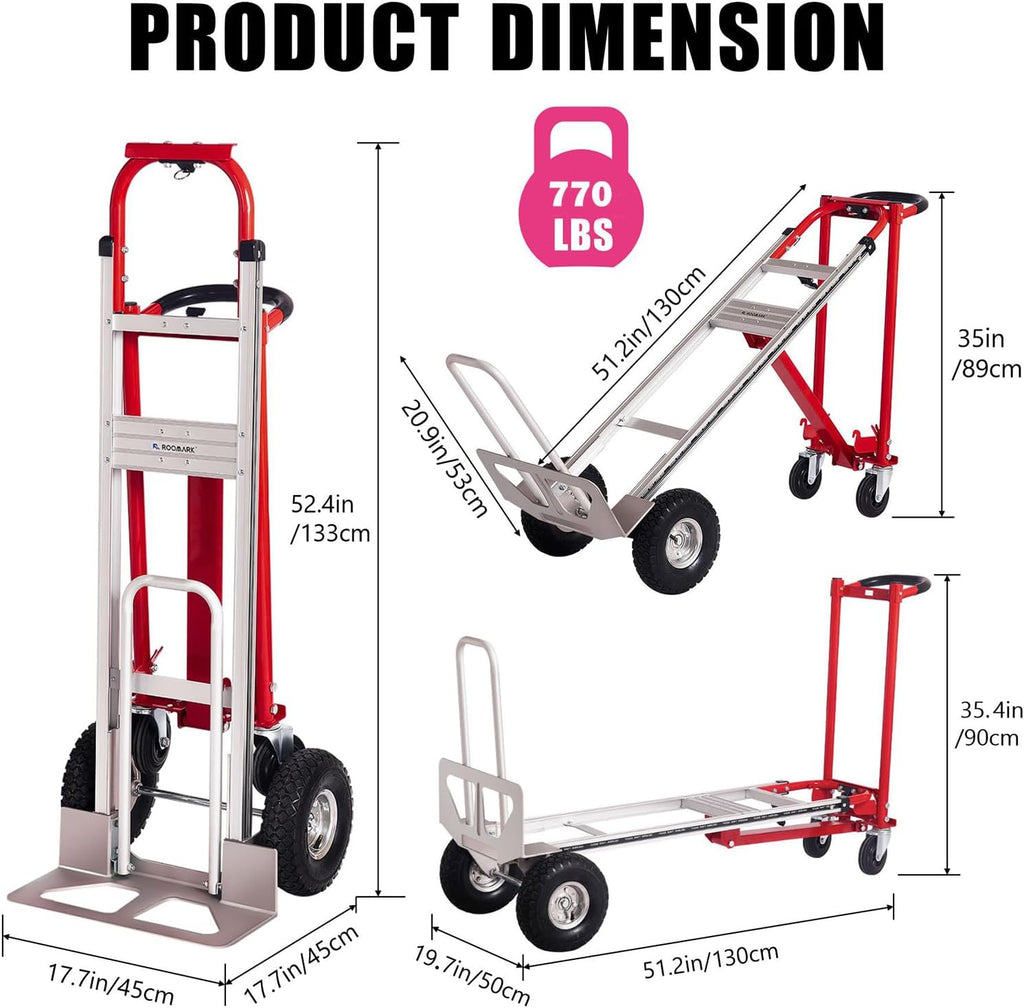 4-in-1 Folding Hand Truck, 770LBS Capacity Aluminum Alloy Dolly Cart with 4 Wheels, Convertible Dolly Portable Hand