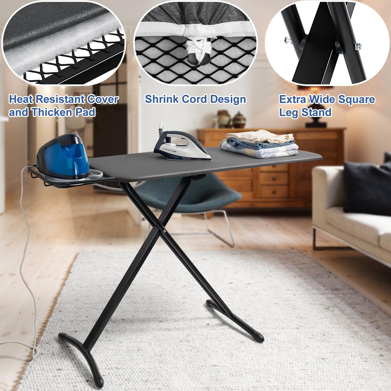 18"x46" Ironing Board with Heat Resistant Cover and Thicken Felt Pad | Deluxe Iron Board with Steam Iron