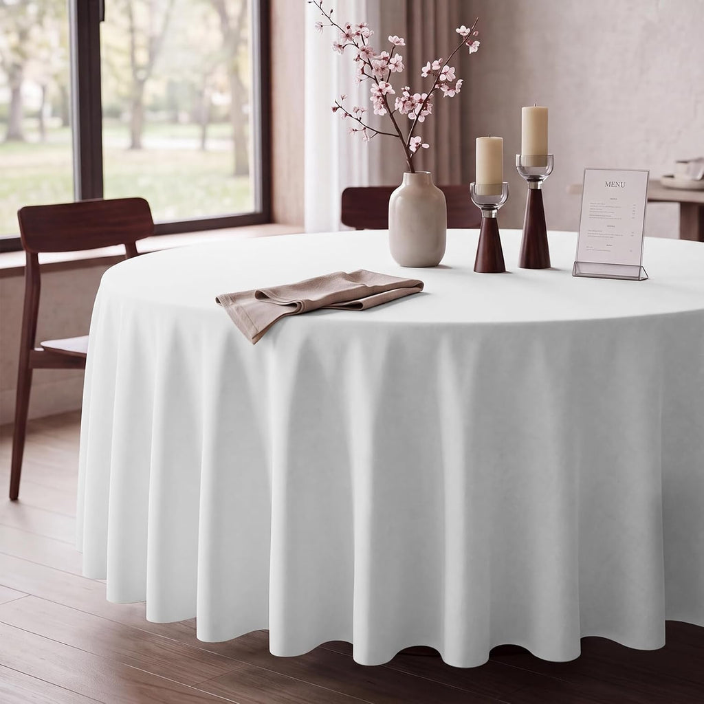 96 Inch Disposable Plastic Tablecloth White, 10 Pack Round Premium Table Covers for Dining, Wedding, Party, Picnic