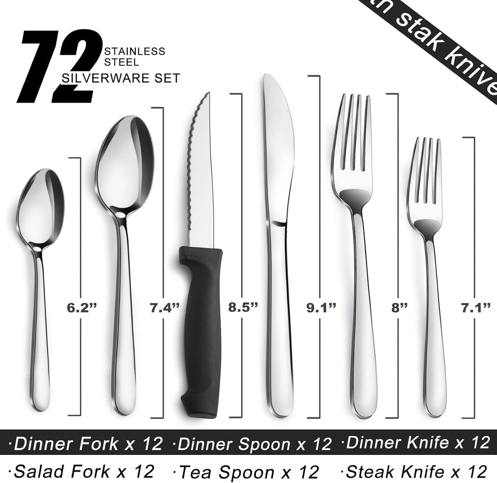 72-Pieces Silverware Set for 12, Flatware Set with Steak Knives, Stainless Steel Cutlery Set, Include Forks Spoons