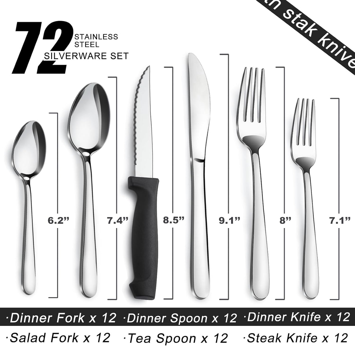 72-Pieces Silverware Set for 12, Flatware Set with Steak Knives, Stainless Steel Cutlery Set, Include Forks Spoons