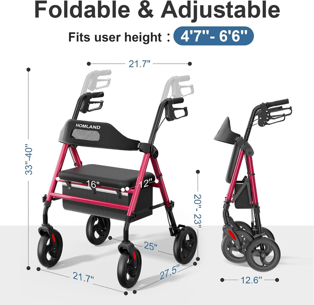 Foldable Rollator Walkers with Seat for Seniors, 8'' Big Wheels, 350 lb. Weight Capacity, Adjustable Handles and Seat