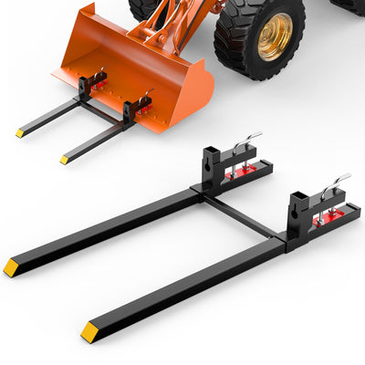 60" 4000lbs Clamp on Pallet Forks with Adjustable Stabilizer Bar | Heavy Duty Steel Pallet Forks for Loader Bucket