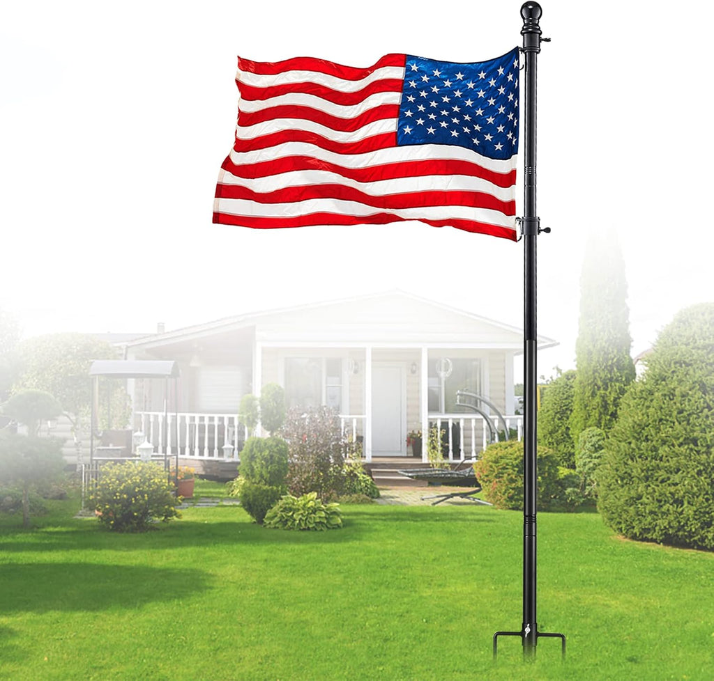 Ground Flag Poles for Outside House inground, Black Outdoor Flag Pole Kit with American Flag, 8ft Portable Yard
