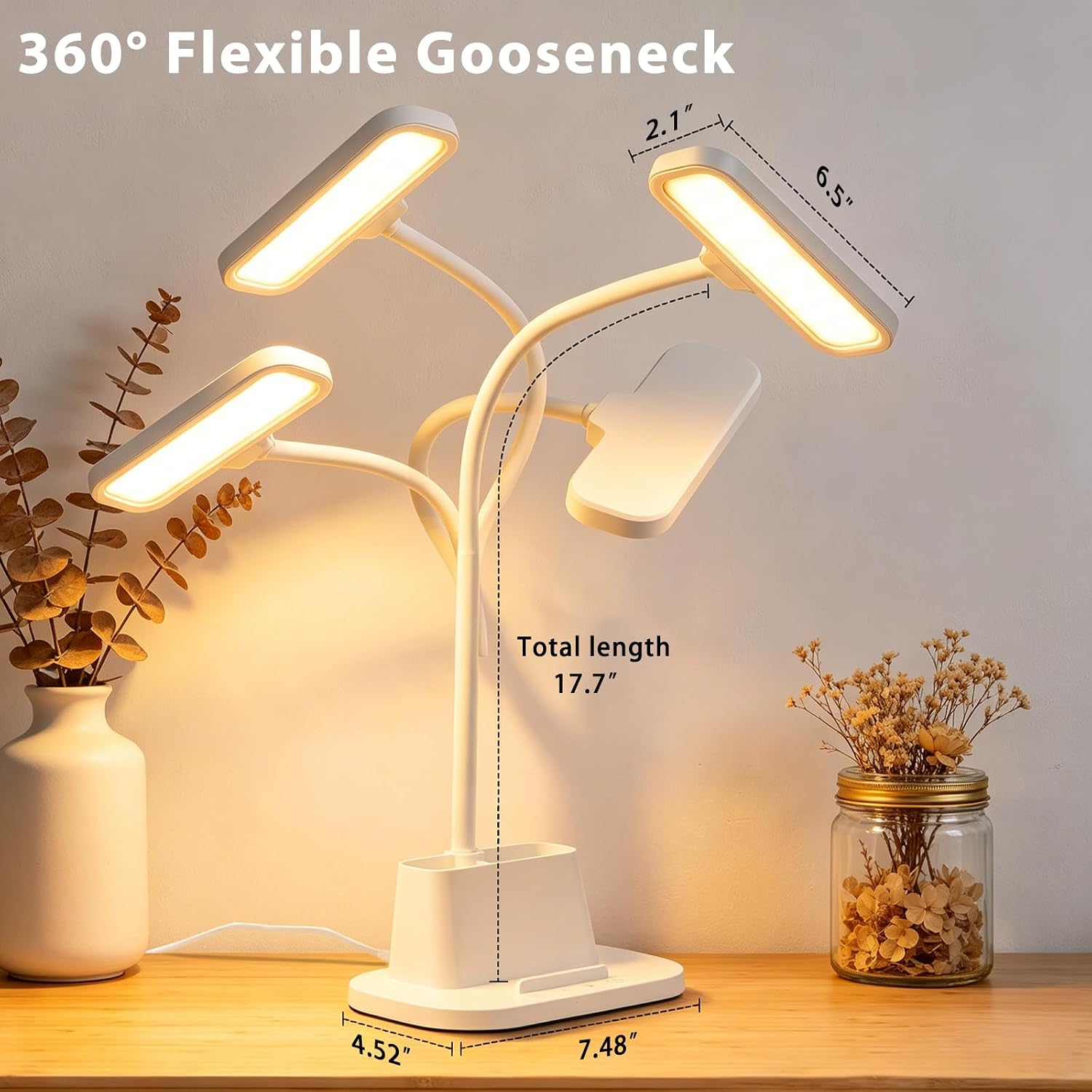 LED Desk Lamp for Dorm Small Desk Lamp with Pen Holder 5 Color Modes White | Dimmable Touch Control, USB Charging