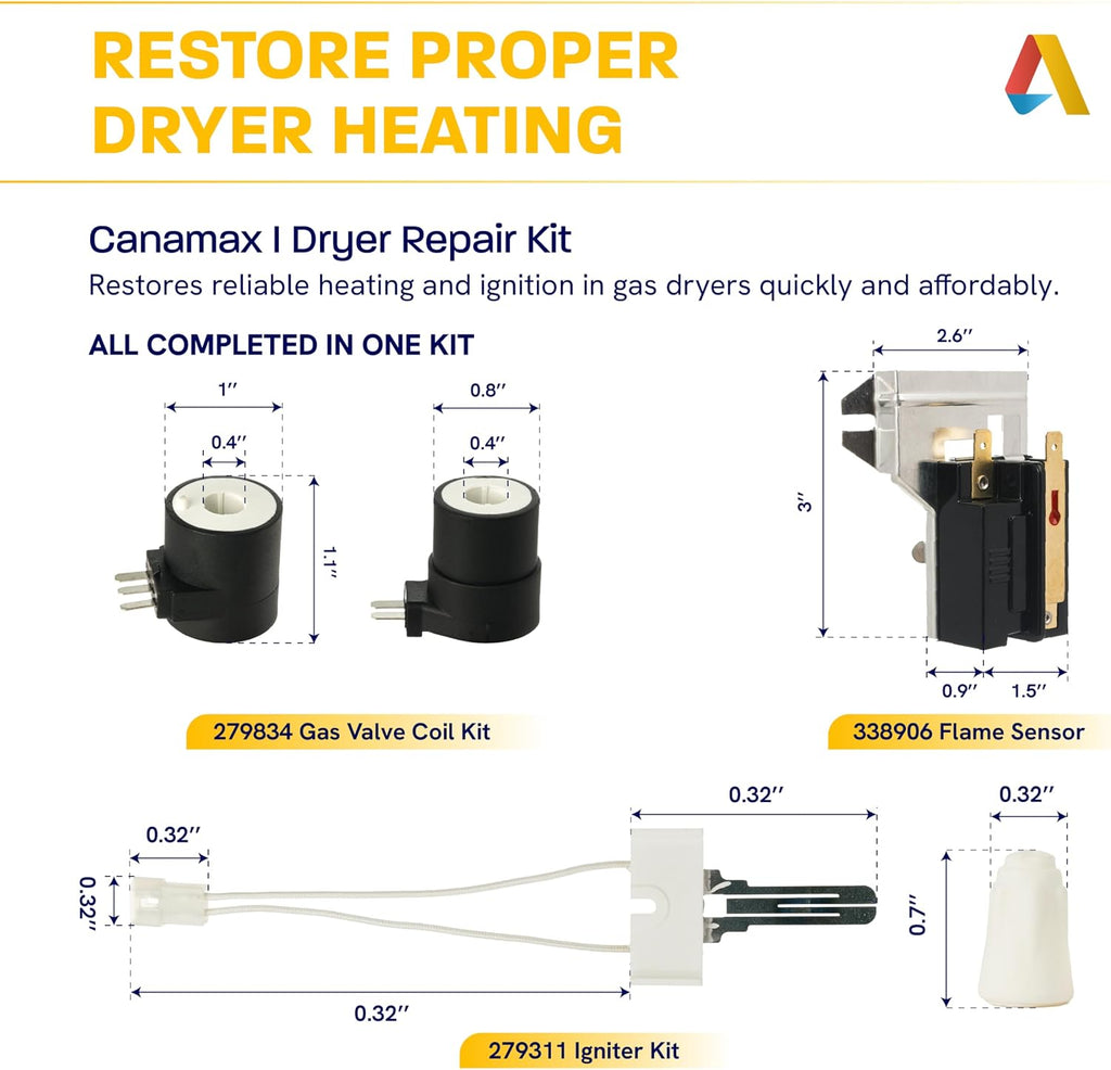 Gas Dryer Repair Kit for GE Whirlpool Kenmore Includes 338906 Flame Sensor