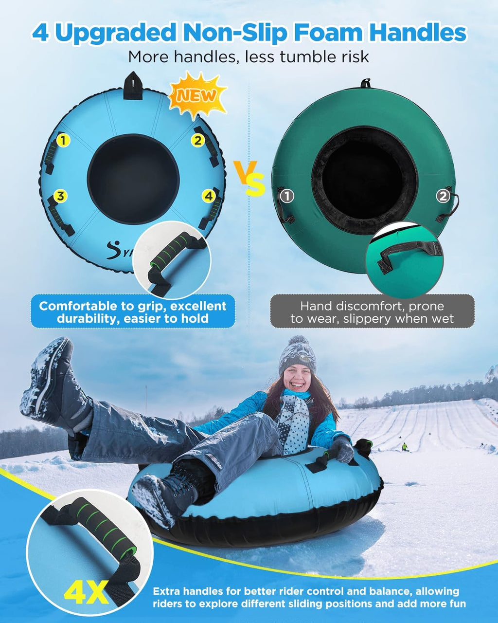 Snow Tube for Sledding, Heavy Duty 40" Snow Sled with 4 Handles and Cushion Seat, Inflatable High Speed 600D Canvas