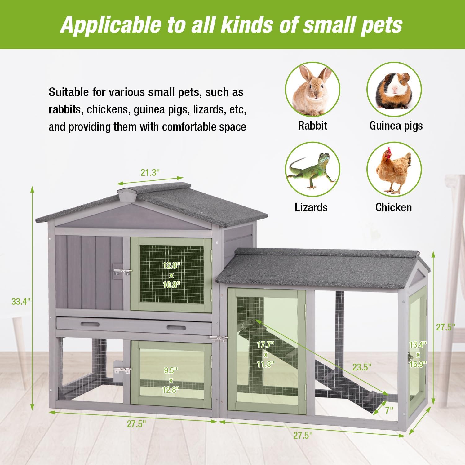 Rabbit Hutch Outdoor No Leak Plastic Tray Bunny Cage Indoor with Large Run Space Extensible Chicken Coop