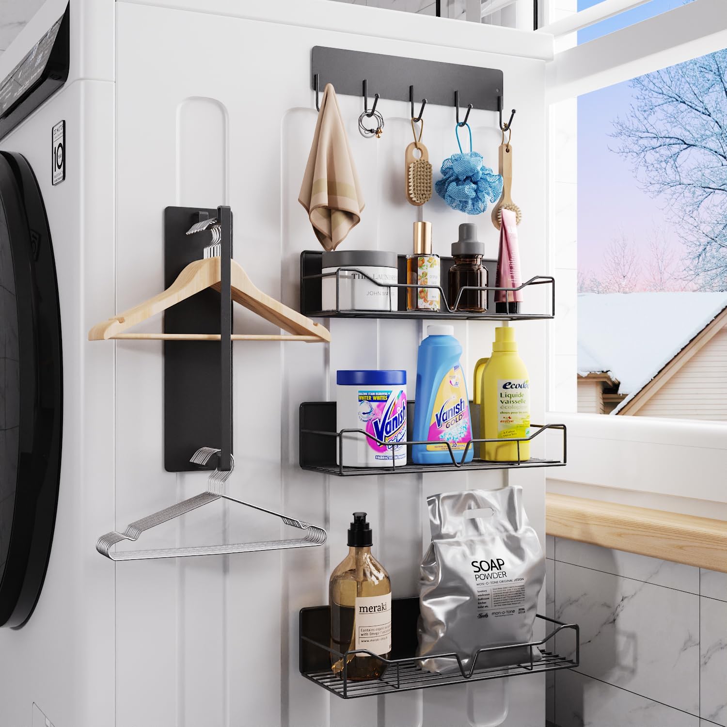 Magnetic Shelves for Washing Machine, 5 Pack Heavy Duty Laundry Shelf Organizer with Hooks, Strong Magnetic Storage