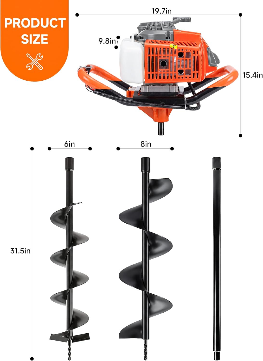 72CC Gas Powered Post Hole Digger, 2-Stroke Earth Auger with 6" & 8" Bits | 62" Max Digging Depth | Single or