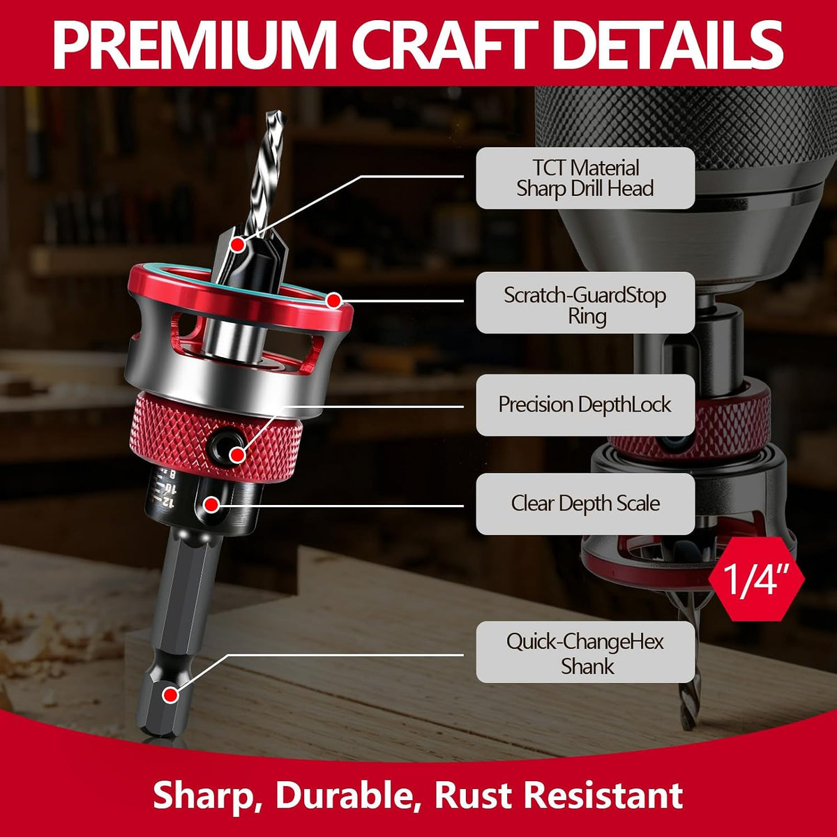 Countersink Drill Bit Set with Adjustable Depth Stop, 5PCS TCT Cutters