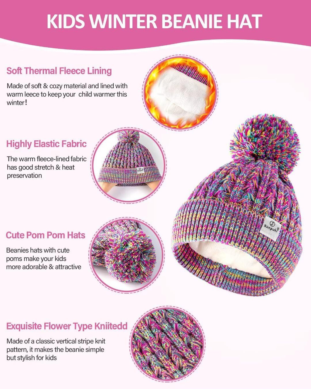 Kids Winter Hat Gloves Scarf Set,Girls Toddler Winter Hat Beanie with Pom Neck Warmer Gaiter Mittens Fleece Lined Set