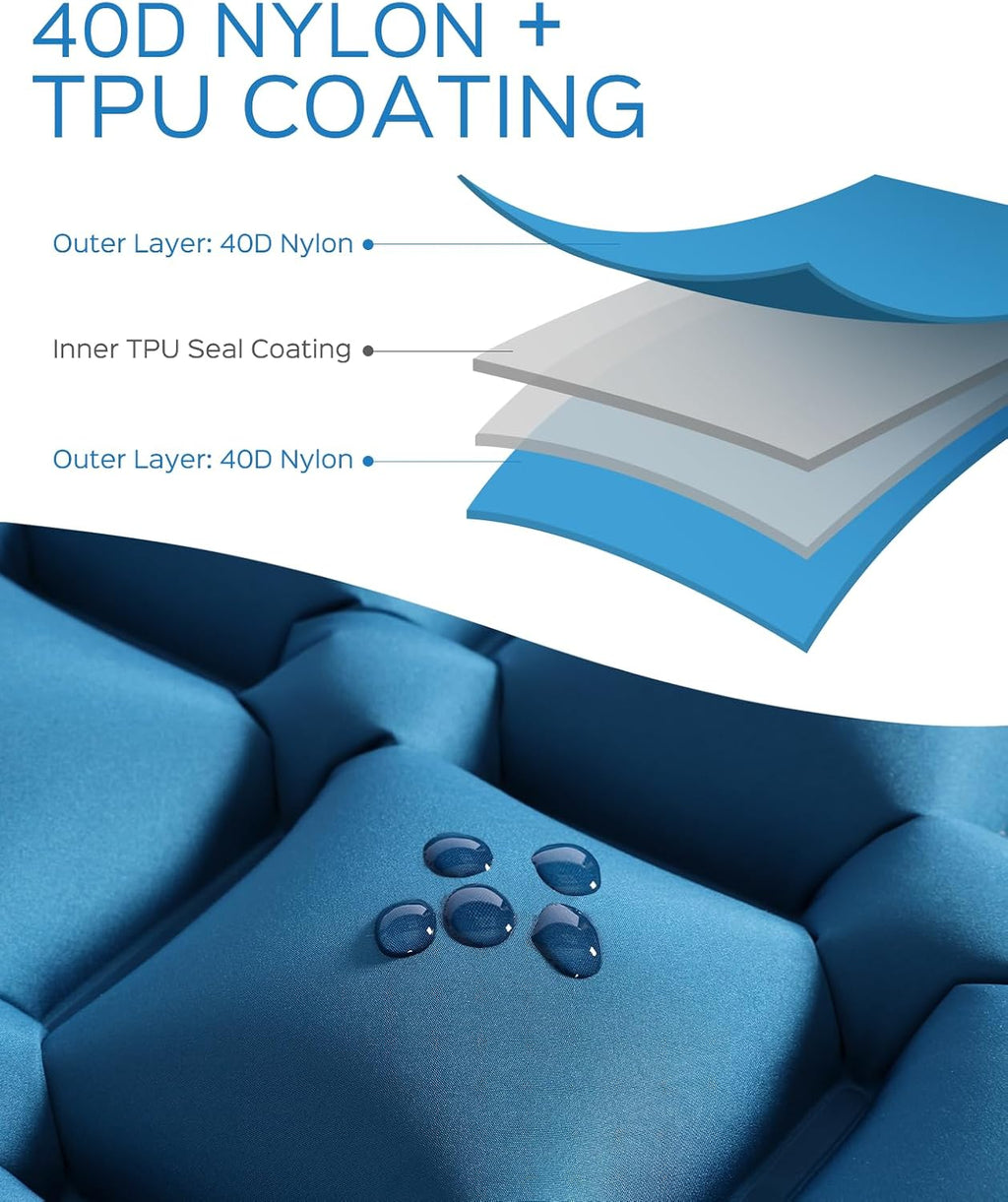 Sleeping Pad, 3.9" Thick Inflatable Mattress with Pillow & Pump | Built-in Pump, Quick Inflate, 40D Nylon, Button