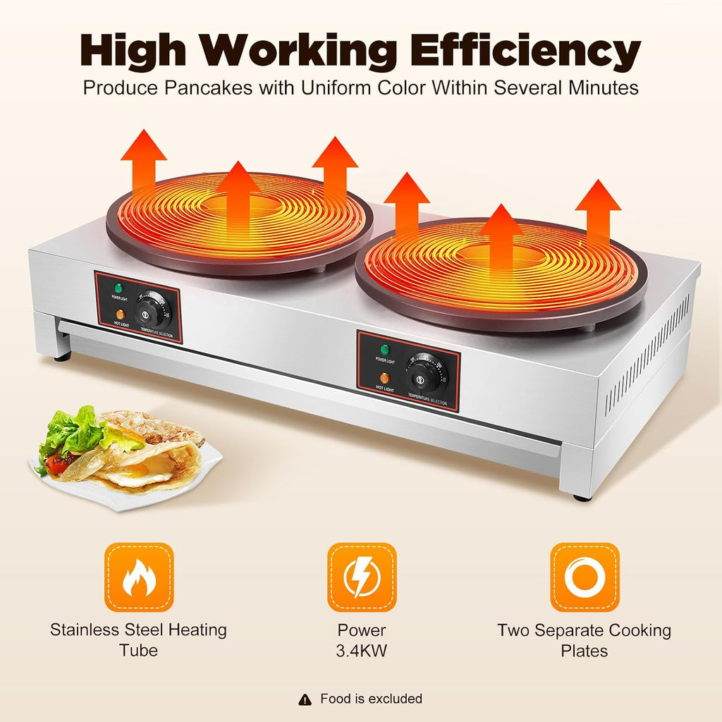 3.4KW Double Head Electric Crepe Maker Machine 16In Non-Stick 110V