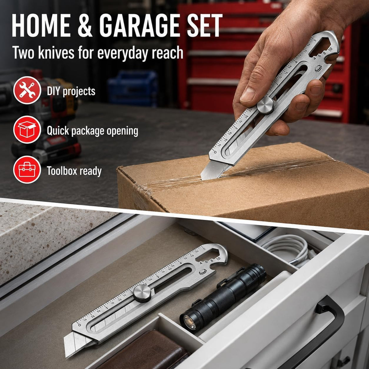 2PC 7-in-1 Stainless Steel Utility Knife, 18mm Snap-Off Box Cutter