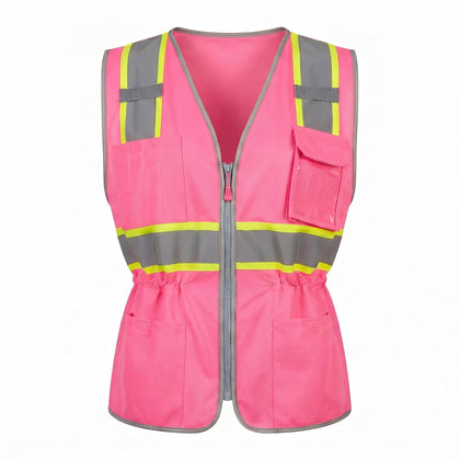 Hi Vis Safety Vest for Women, Working Drawstring waist Construction Vest with Pockets and Zipper, Womens Safety Vest