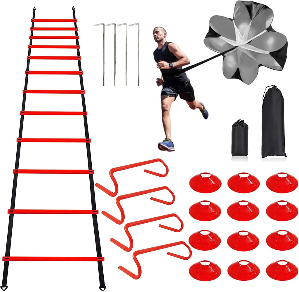 Professional Agility Ladder Speed Training Equipment Set-20ft Agility Ladder,12 Soccer Cones, 4 Agility Hurdles