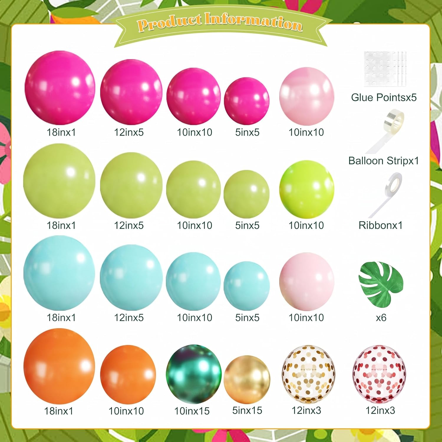 Tropical Luau Balloon Arch Kit 146Pcs Hot Pink Pearl Pink Green Blue Orange Gold Metallic Green Confetti Balloons