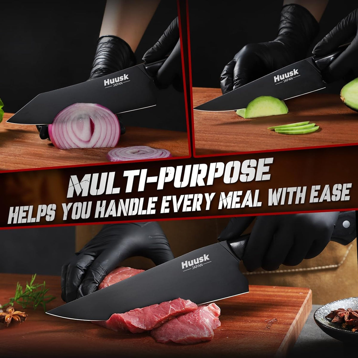 Japanese Chef Knife Set for Kitchen - 3 pcs Black Kitchen Knife Set