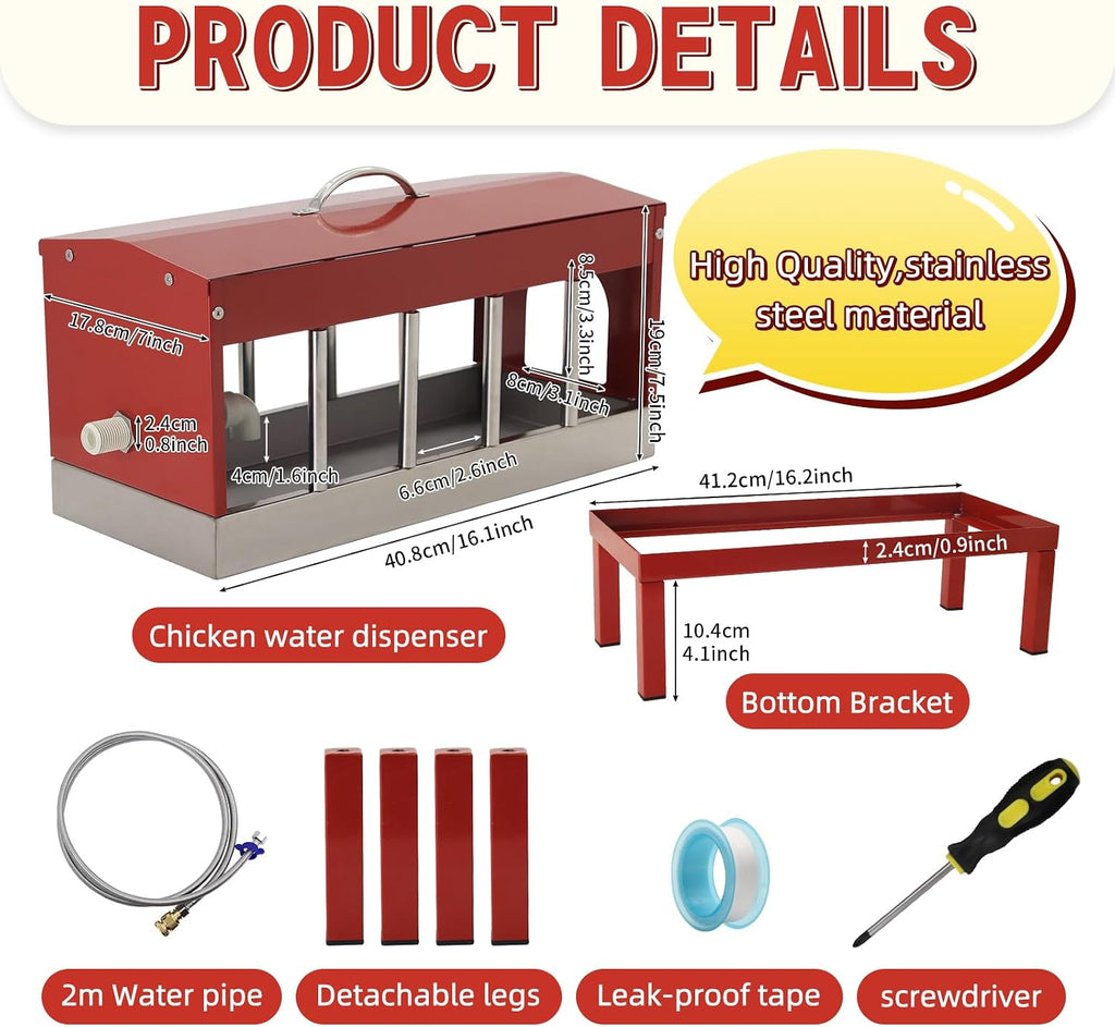 Automatic Chicken Waterer, Multi-Side Drinking Holes and Detachable Legs