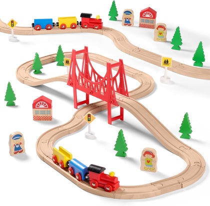 Wooden Train Set for Toddler - Double-Side Wooden Tracks Fits Brio, Thomas, Melissa and Doug - Expandable