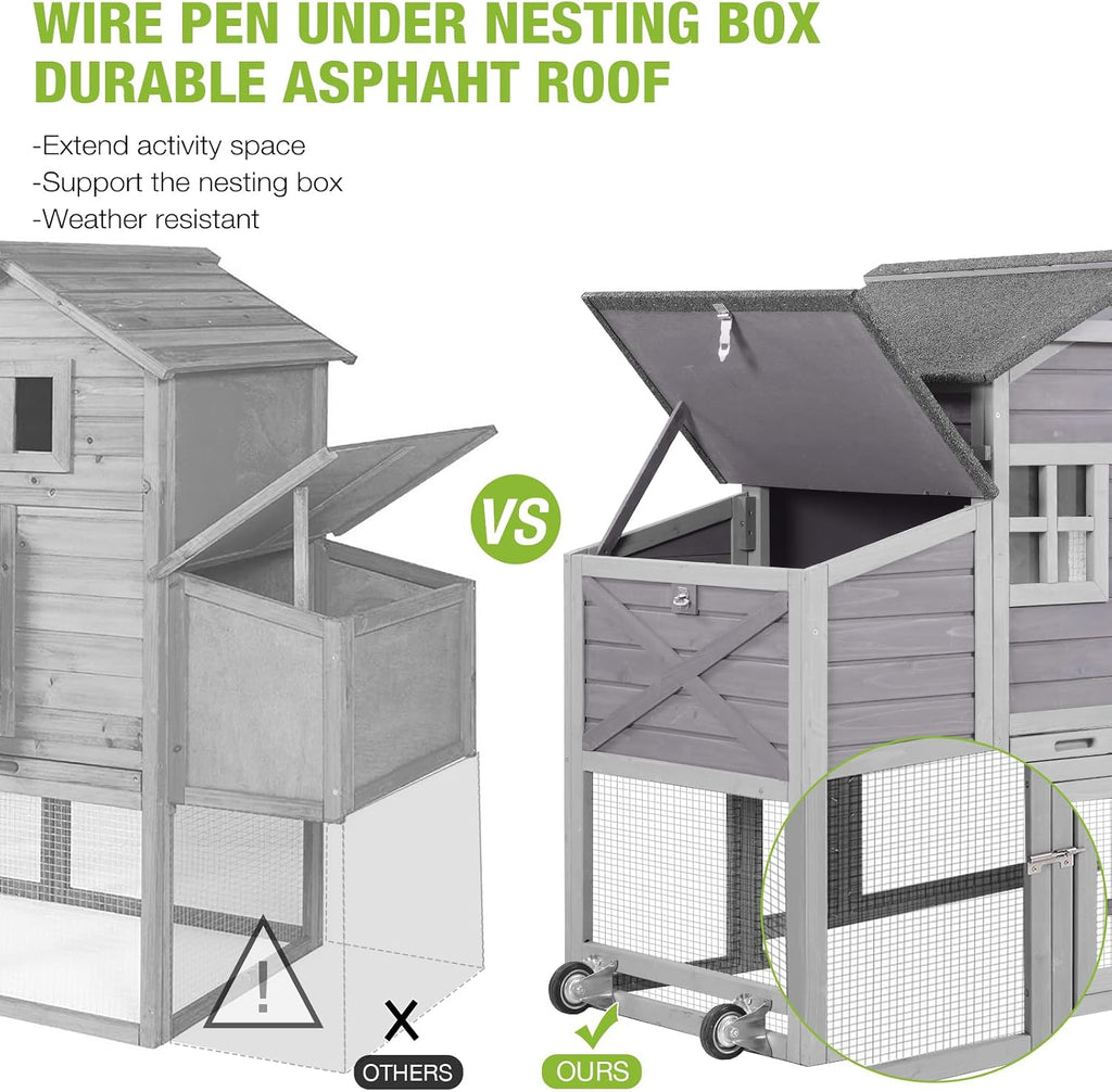 Chicken Coop Mobile Hen House with Nesting Box Outdoor Rabbit Hutch Poultry Cage 73.4" with Wheel for 2-4 Chickens,Grey