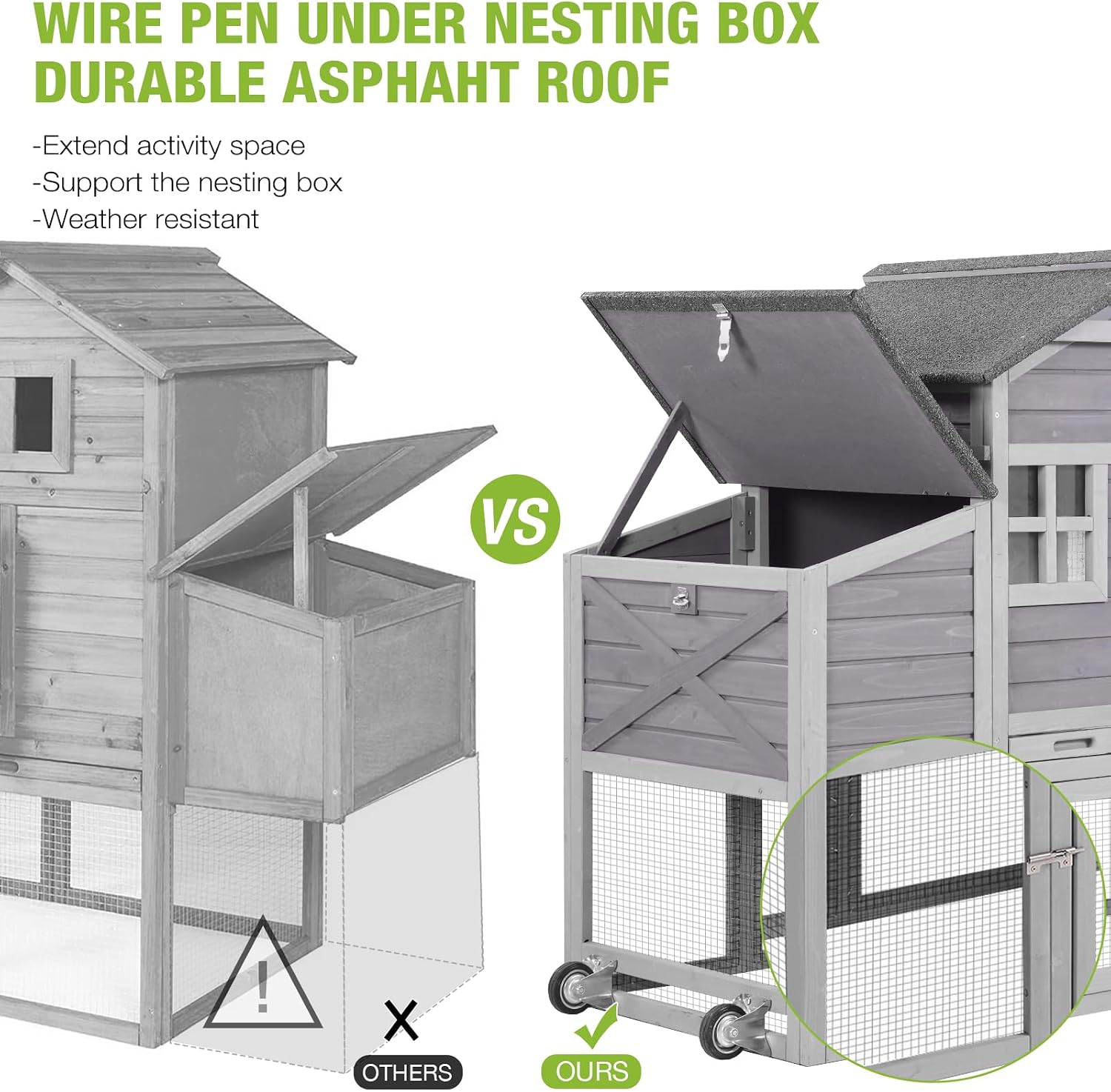 Chicken Coop Mobile Hen House with Nesting Box Outdoor Rabbit Hutch Poultry Cage 73.4" with Wheel for 2-4 Chickens,Grey