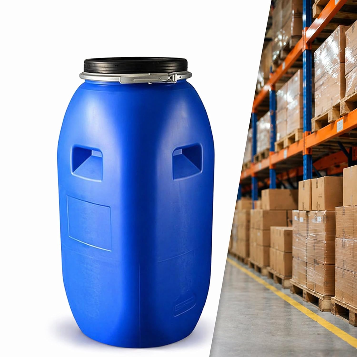 55 Gallon Rain Barrel with Lid, Multipurpose Plastic Drum for Water Storage, Feed Bin, Laundry Supplies, Basement
