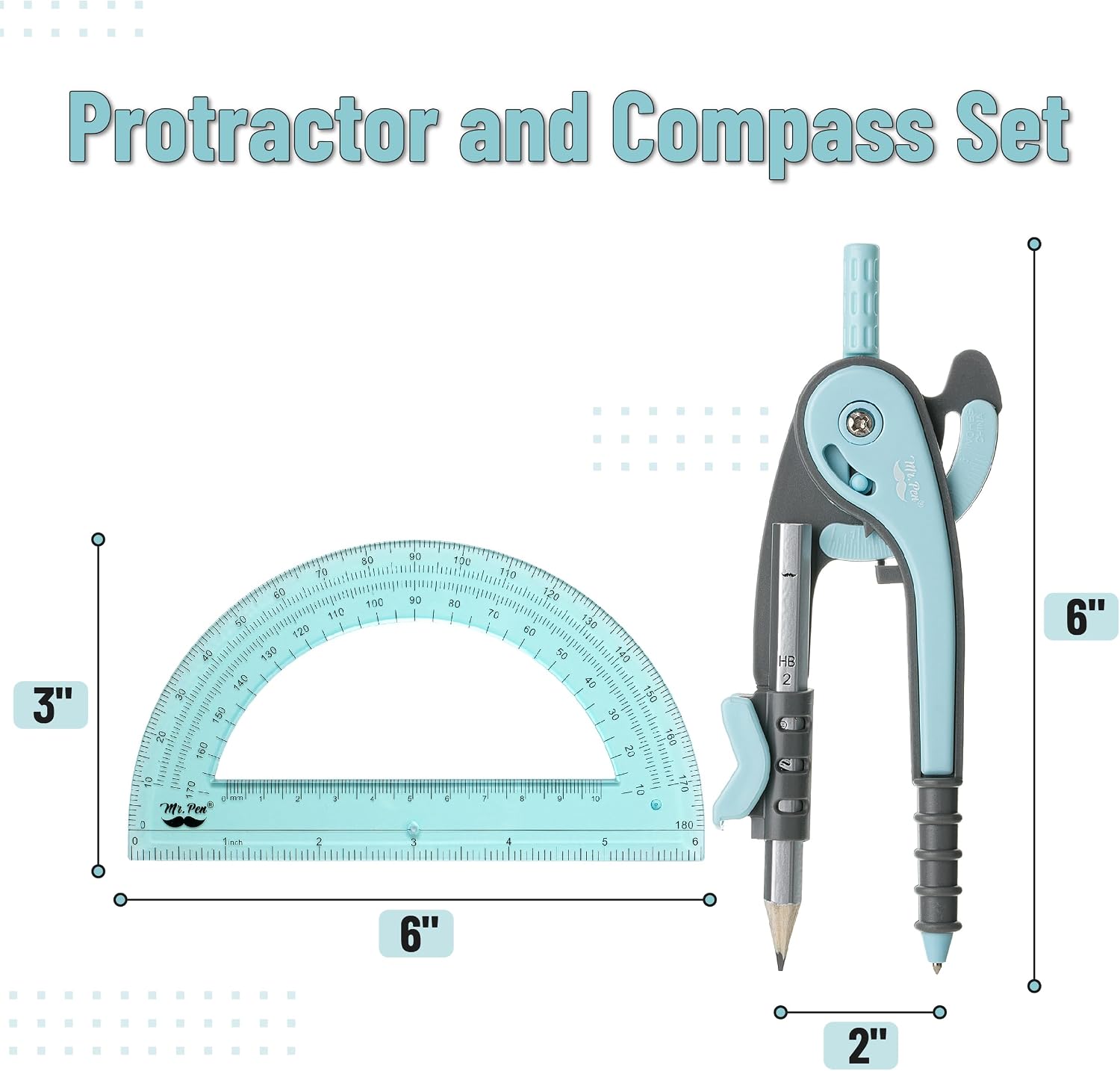 Geometry Compass and Protractor Set, 6 Inch Compass | 6 Inch Protractor, Drawing Tool for School, Clear Plastic, Easy