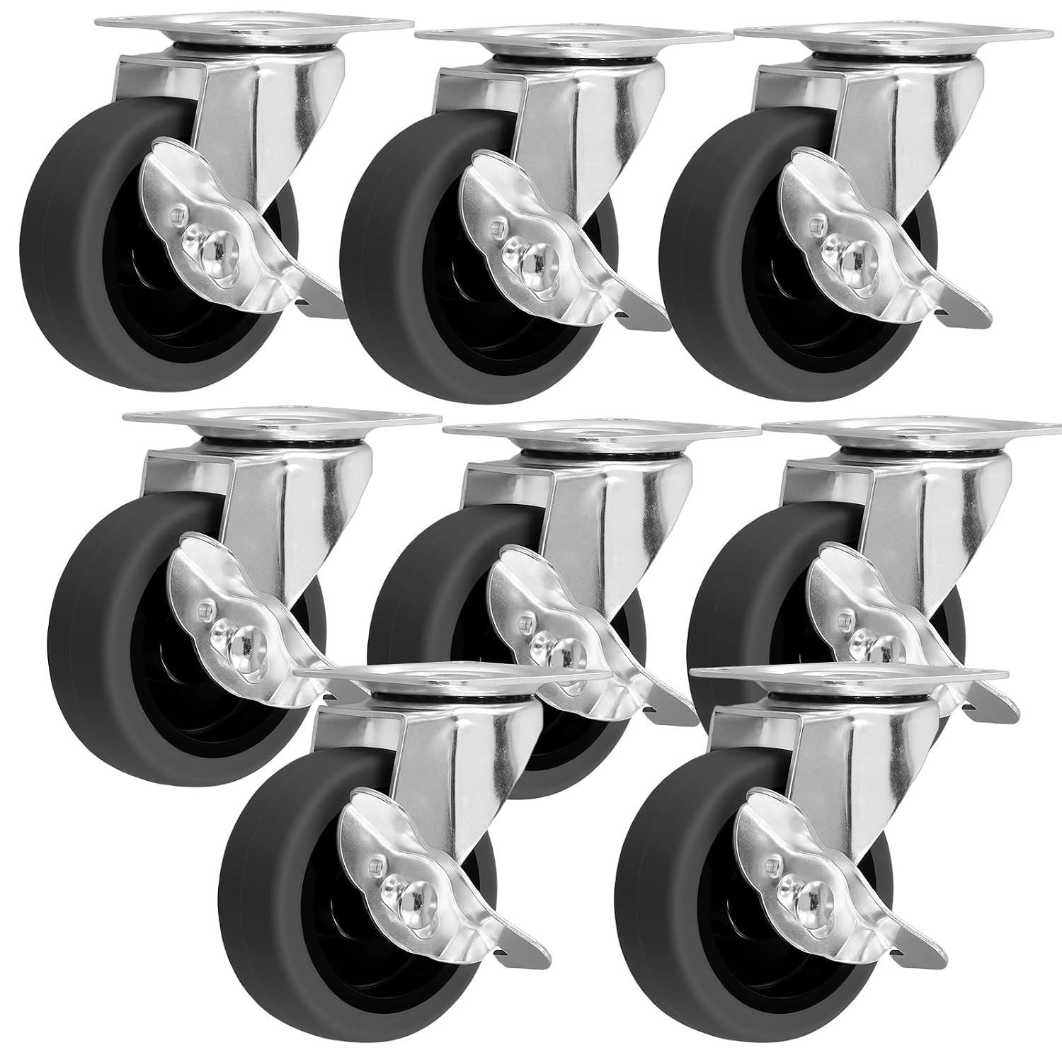 8 PCS 3 Inch Heavy Duty Caster Wheels with Side Brakes, Swivel Casters Set of 4 for Workbench and Furniture, 500LBS