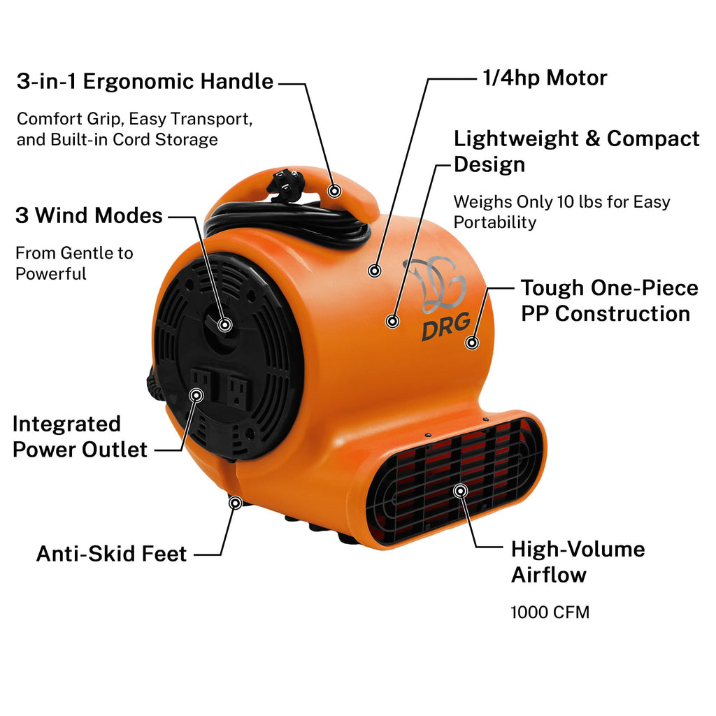Air Mover Fan 1000 CFM 1/4 HP, 3-Speed Floor Dryer, Orange
