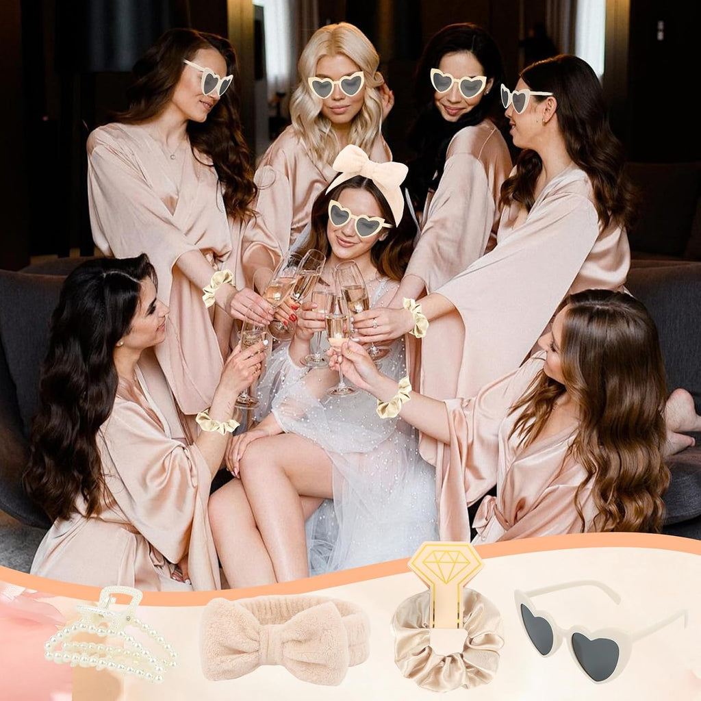 4PCS Bridesmaid Proposal Gift Set Heart Sunglasses Pearl Hair Claw Clip Satin Hair Scrunchies Bridesmaid Spa Headband