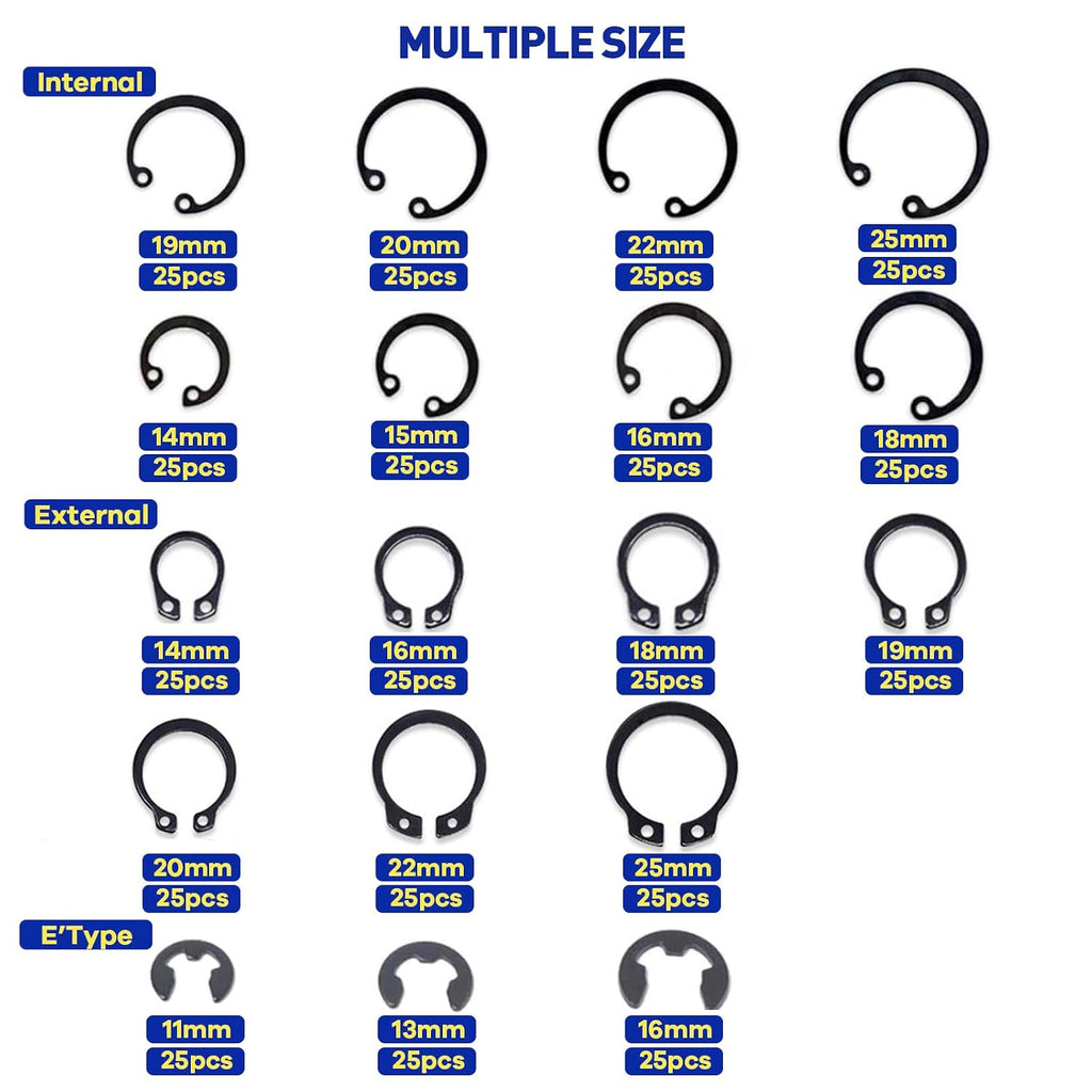 Boatsea 450Pcs Circlip Retaining Ring Kit, 3 Types 18 Sizes Incl External & Internal Circlips