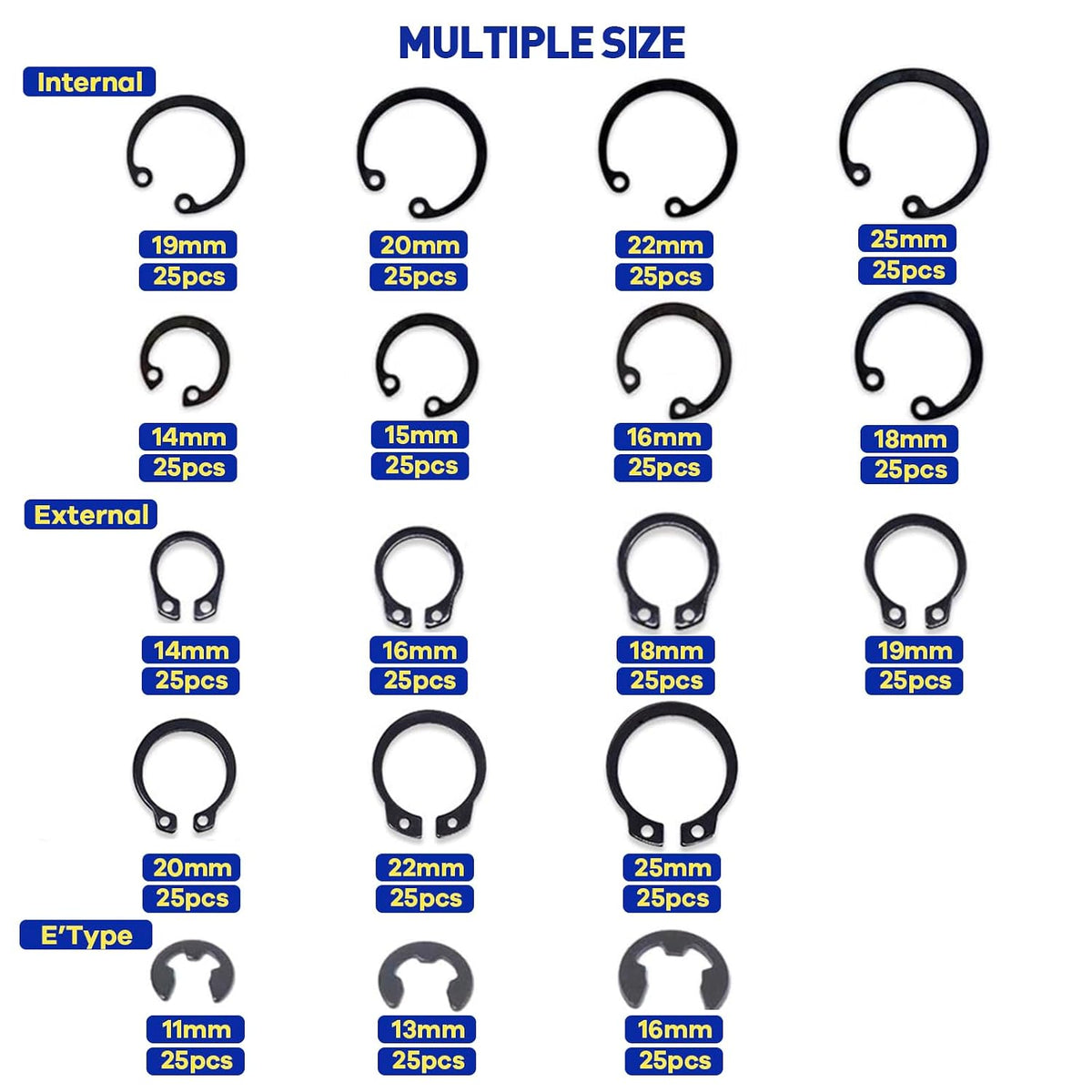 Boatsea 450Pcs Circlip Retaining Ring Kit, 3 Types 18 Sizes Incl External & Internal Circlips
