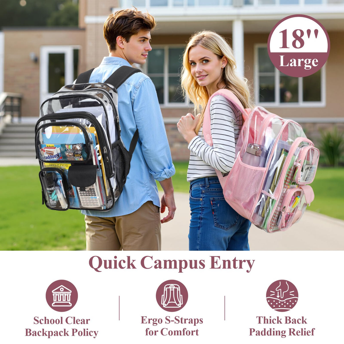 Clear Backpack for School - 18 Inch Extra Large Clear Bookbag, Pink