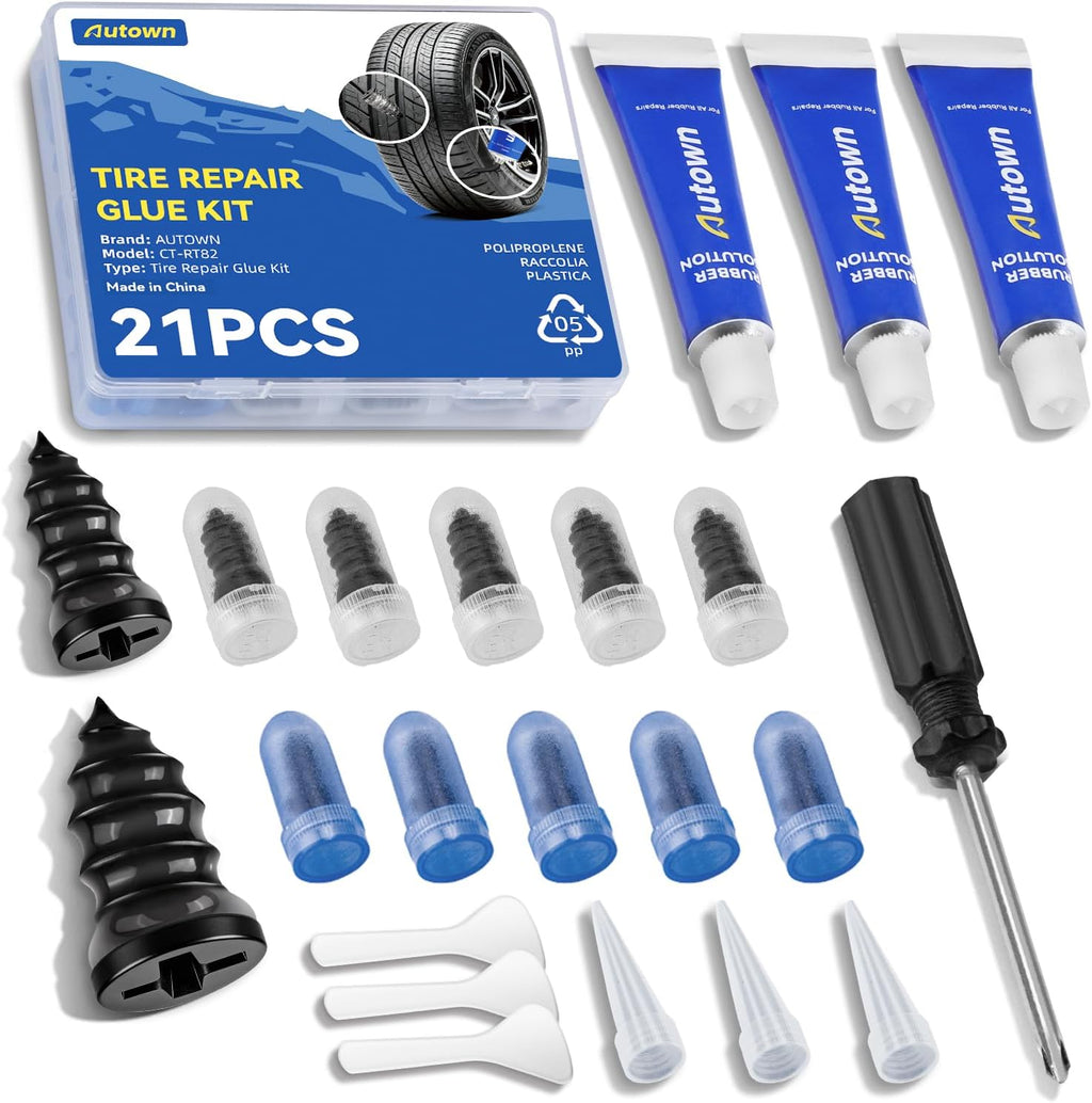 21PCS Tire Repair Rubber Nail Kit - Complete Screw Plug Kit with Glue, Fast Fix for Flat Tires on Car, Truck